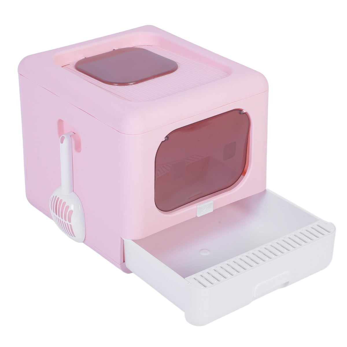 Foldable Top Entry Cat Litter Box with Lid and Scoop Large Size Pink X9778