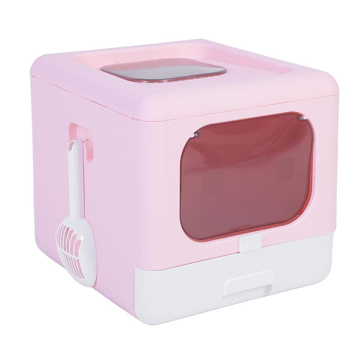Foldable Top Entry Cat Litter Box with Lid and Scoop Large Size Pink X9778