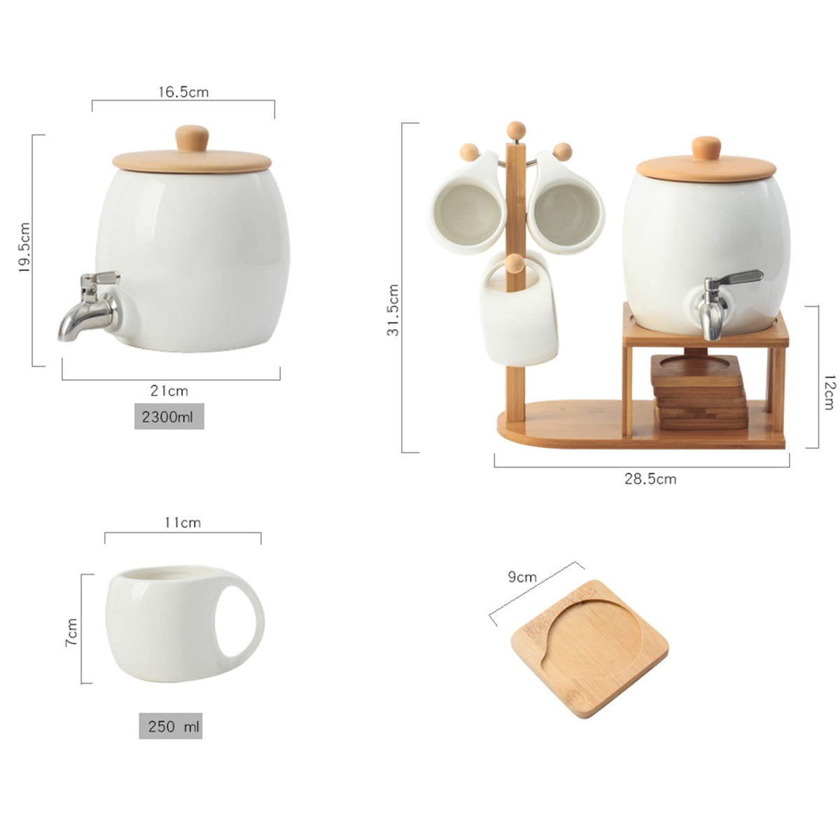 Porcelain Ceramic Crock Water Dispenser with 4 Mugs F5004