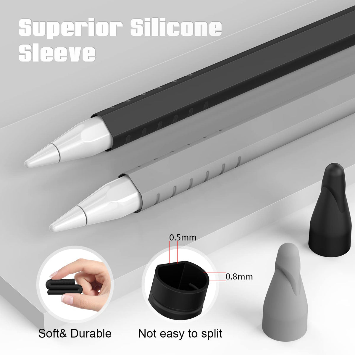 2 Pack Silicone Grip Sleeve with Pencil Tips and Nibs Cover, Black Grey U32681