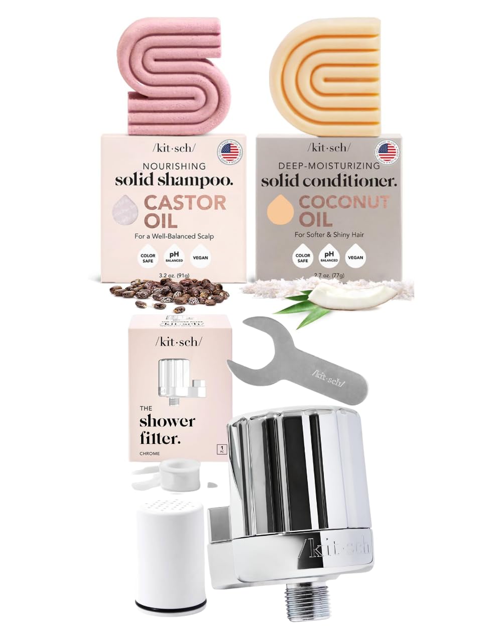 Castor Oil Shampoo + Coconut Oil Conditioner and Shower Filter Bundle K55518