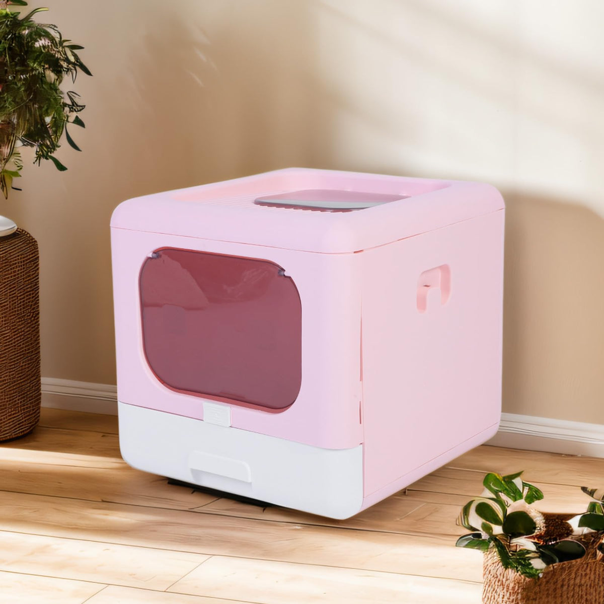 Foldable Top Entry Cat Litter Box with Lid and Scoop Large Size Pink X9778