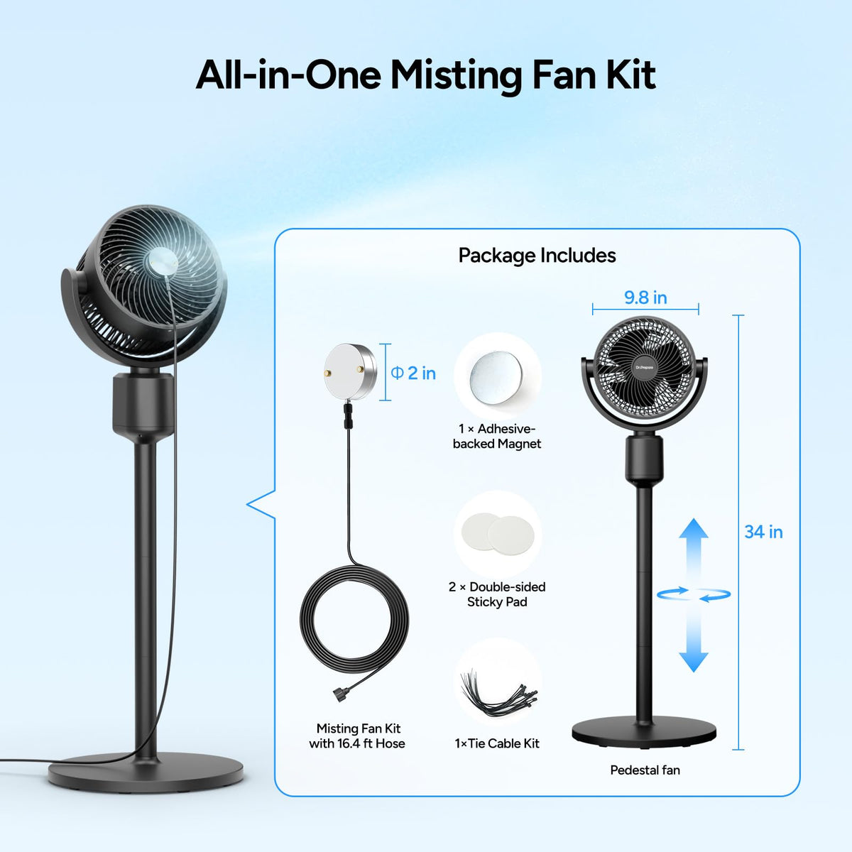 Compact Misting Pedestal Fan with Magnetic Mister, Quiet Air Circulator Standing Fan, 16-34" Adj. Height, 70°Auto-Oscillation, 3 Speeds I4824