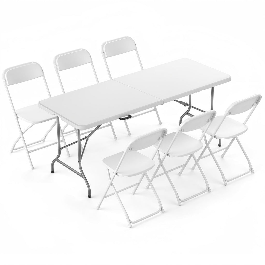6 FT Folding Picnic Table with 6 Folding Chairs White B525