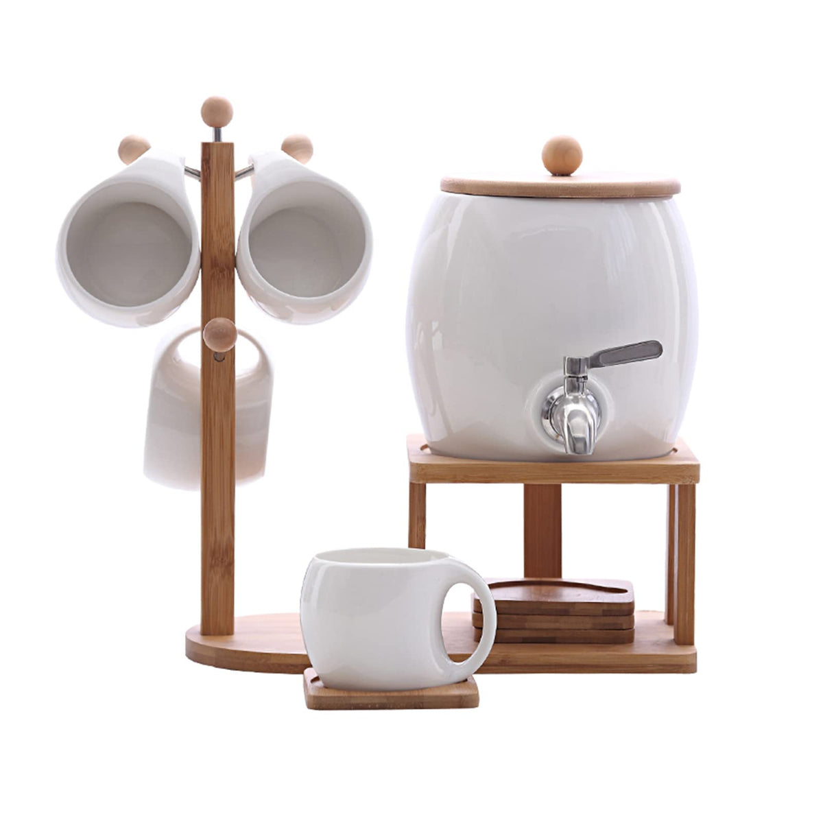 Porcelain Ceramic Crock Water Dispenser with 4 Mugs F5004