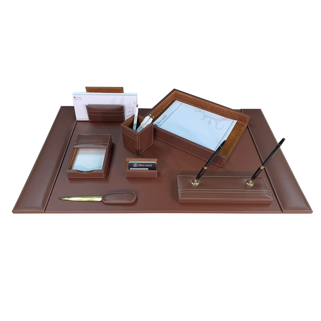 Rustic Brown Leather Desk Set, 8-Piece K109