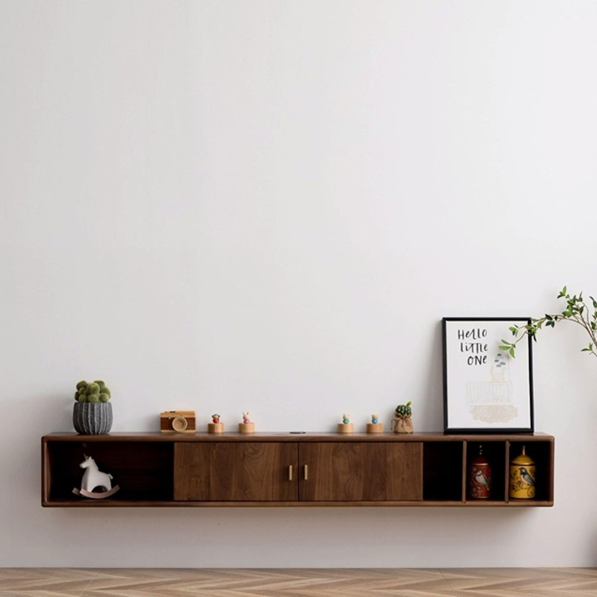 Walnut Wood Wall Mounted Floating TV Stand with Doors and Open Storage Shelves Q463302