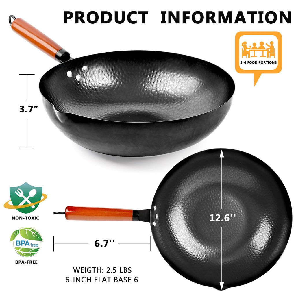 14 Piece Carbon Steel Wok Pan Set with Wooden Lid C90109
