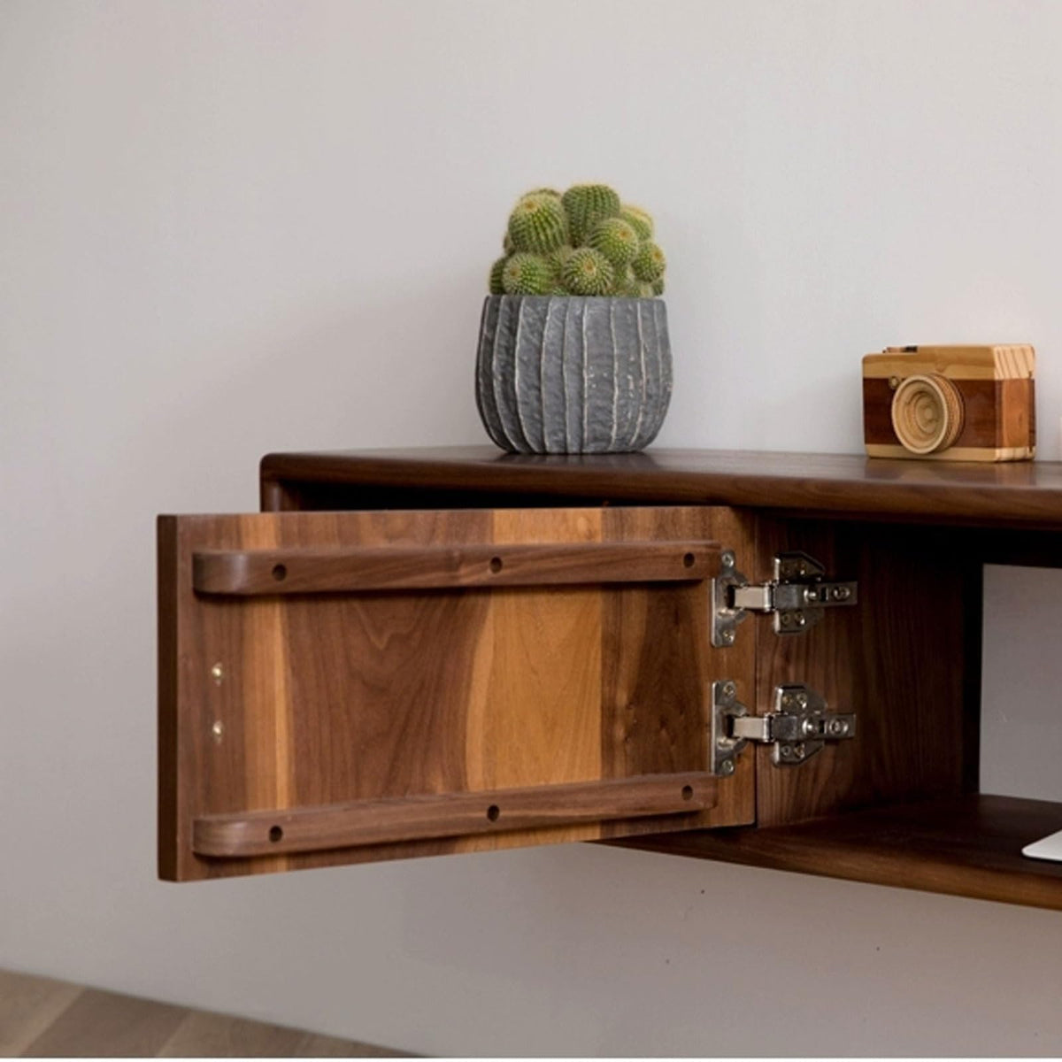 Walnut Wood Wall Mounted Floating TV Stand with Doors and Open Storage Shelves Q463302