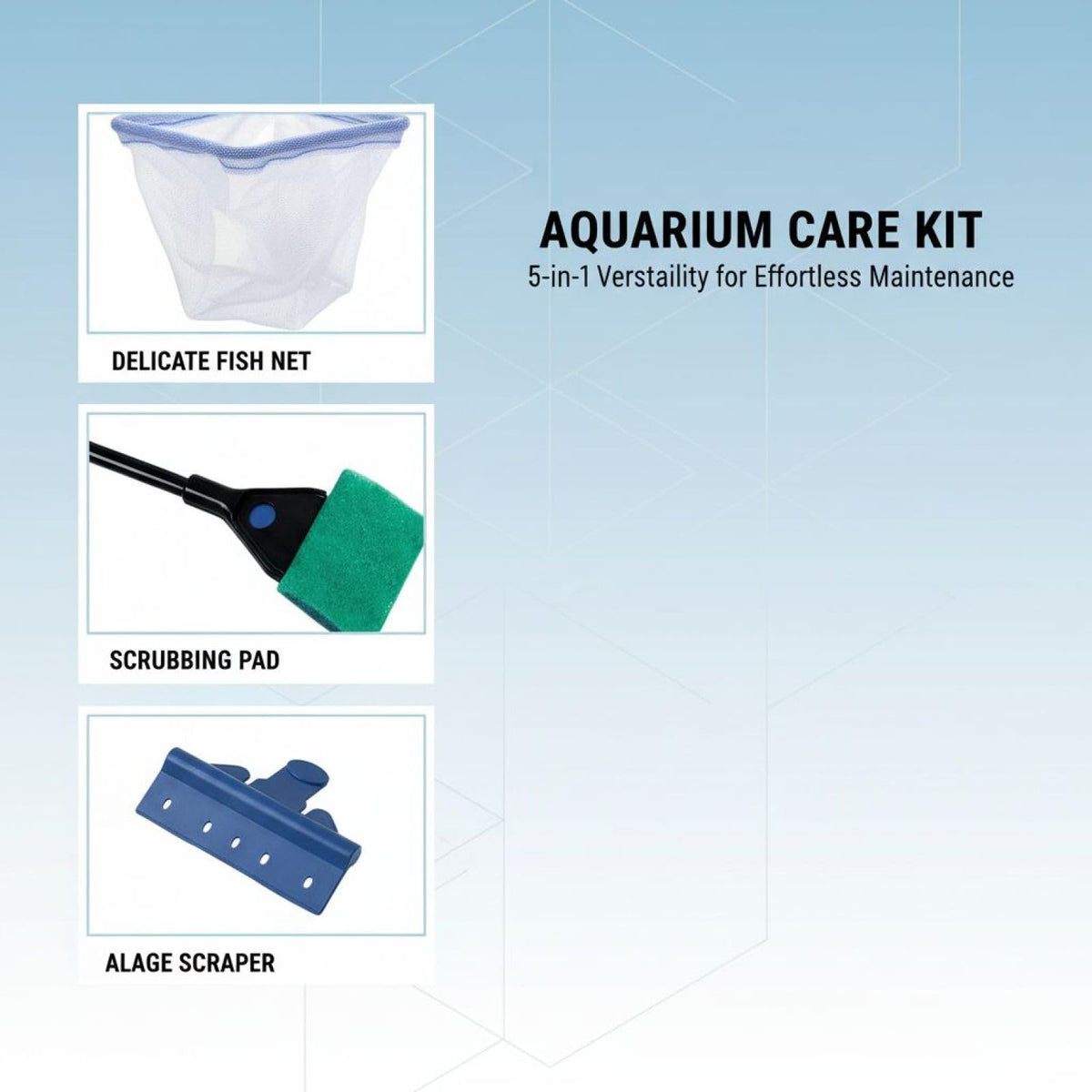 5-in-1 Aquarium Cleaning Kit with Algae Scraper Gravel Rake Fish Net Plant Clamp Brush L9429