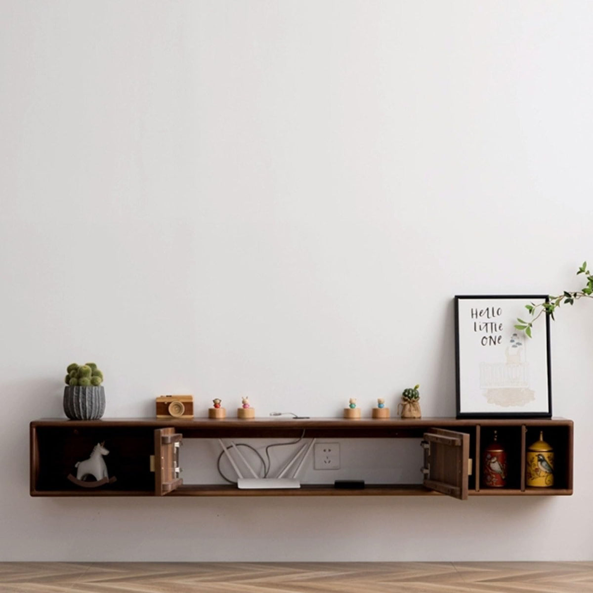 Walnut Wood Wall Mounted Floating TV Stand with Doors and Open Storage Shelves Q463302