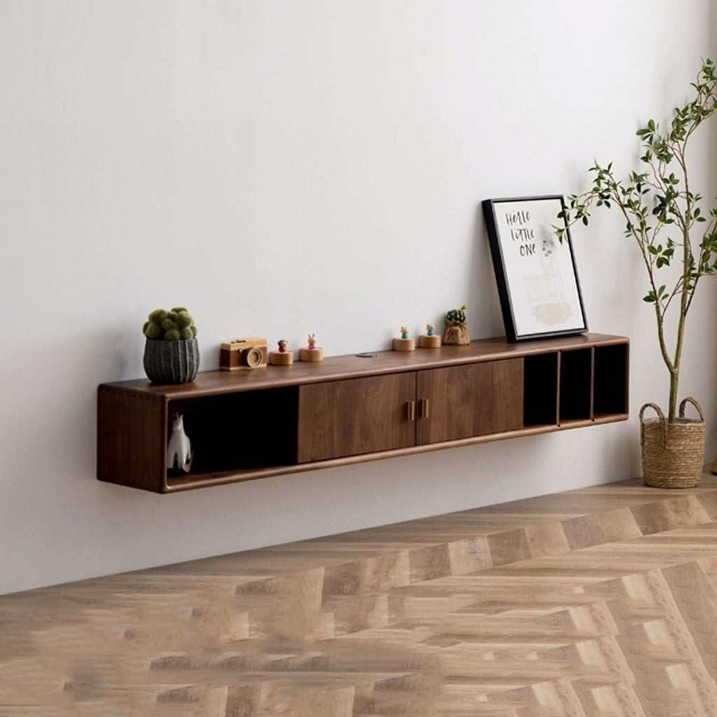 Walnut Wood Wall Mounted Floating TV Stand with Doors and Open Storage Shelves Q463302