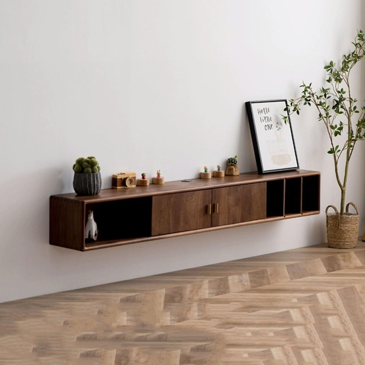 Walnut Wood Wall Mounted Floating TV Stand with Doors and Open Storage Shelves Q463302