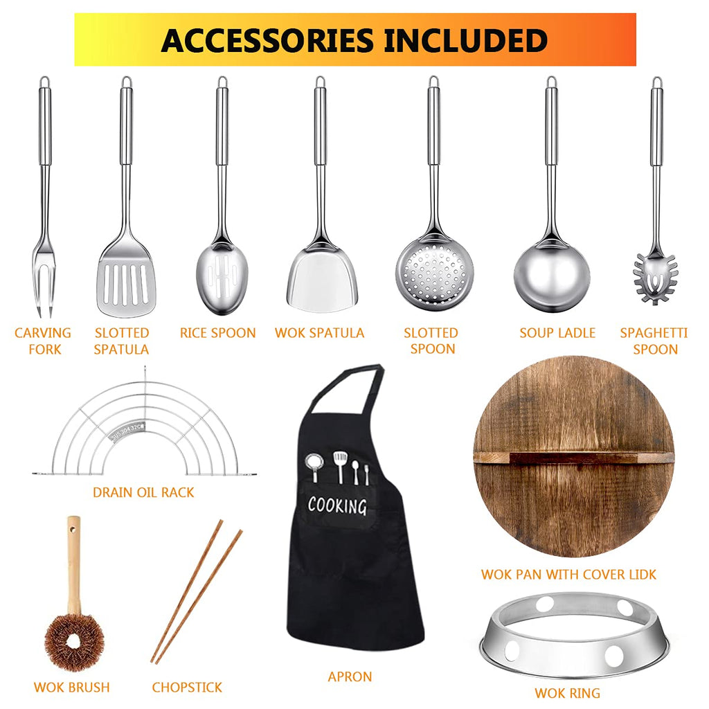 14 Piece Carbon Steel Wok Pan Set with Wooden Lid C90109