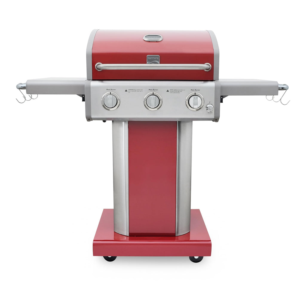 3-Burner Liquid Propane Gas Grill with Folding Sides, Wheels, 30000 BTU, Red S168