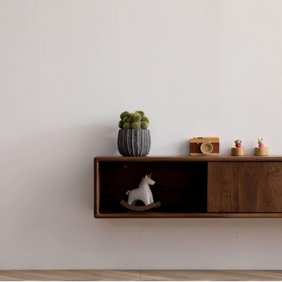 Walnut Wood Wall Mounted Floating TV Stand with Doors and Open Storage Shelves Q463302