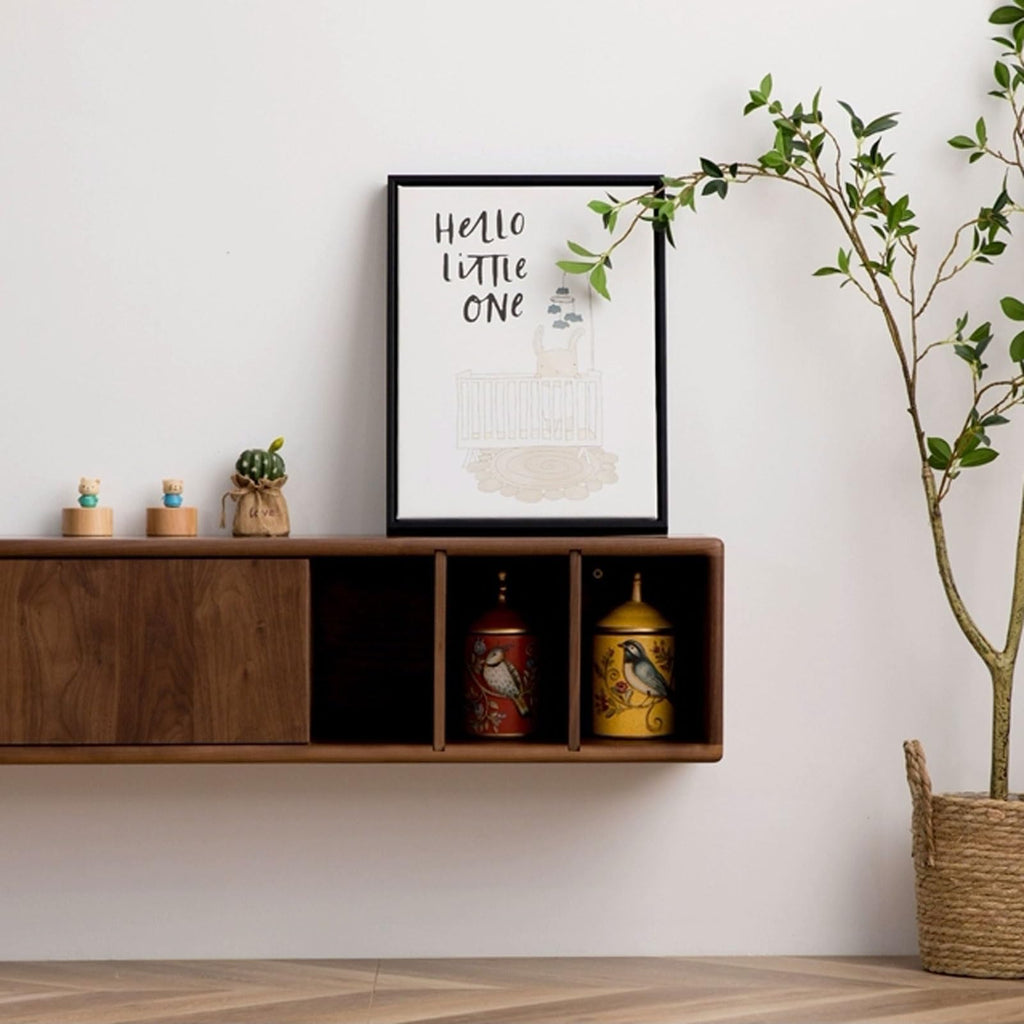 Walnut Wood Wall Mounted Floating TV Stand with Doors and Open Storage Shelves Q463302