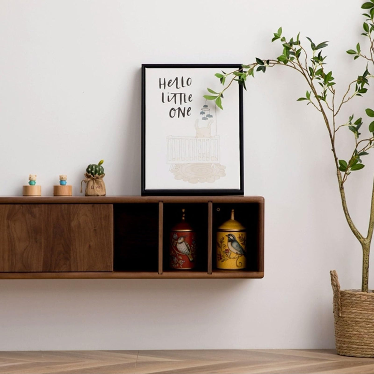 Walnut Wood Wall Mounted Floating TV Stand with Doors and Open Storage Shelves Q463302