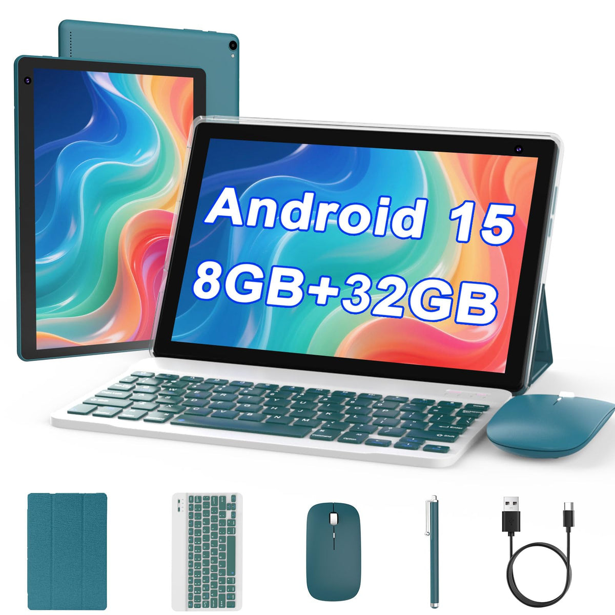 Android 15 Tablet 10 inch, 2 in 1 Tablet with Keyboard, 8GB RAM+32GB ROM, 1TB Expandable, Quad-Core, HD Screen, WiFi, Navy M742963