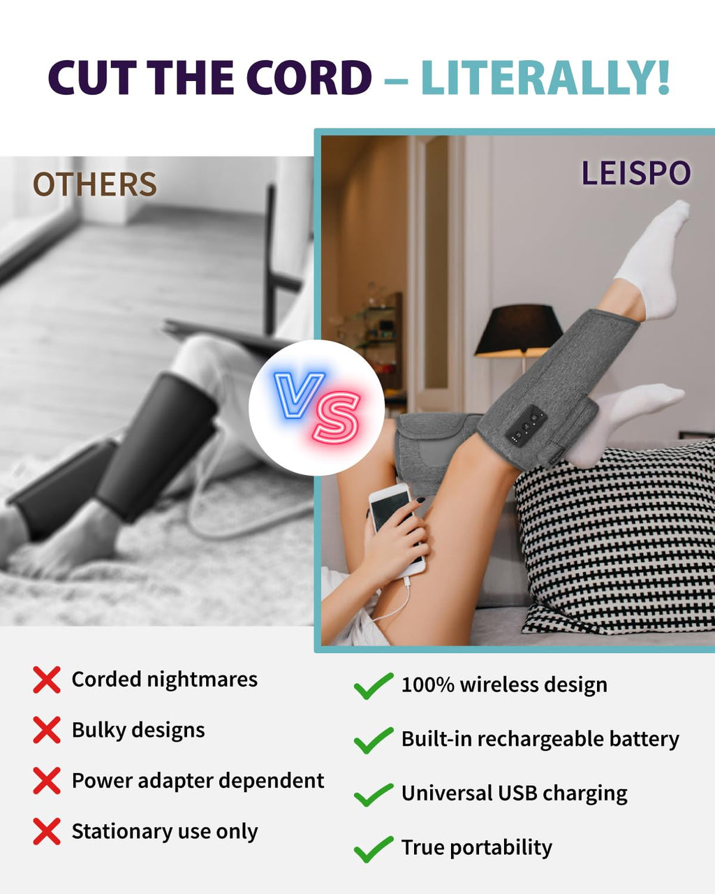 Wireless Air Compression Leg Massager with Heat, 4 Modes, Set of 2 T335171