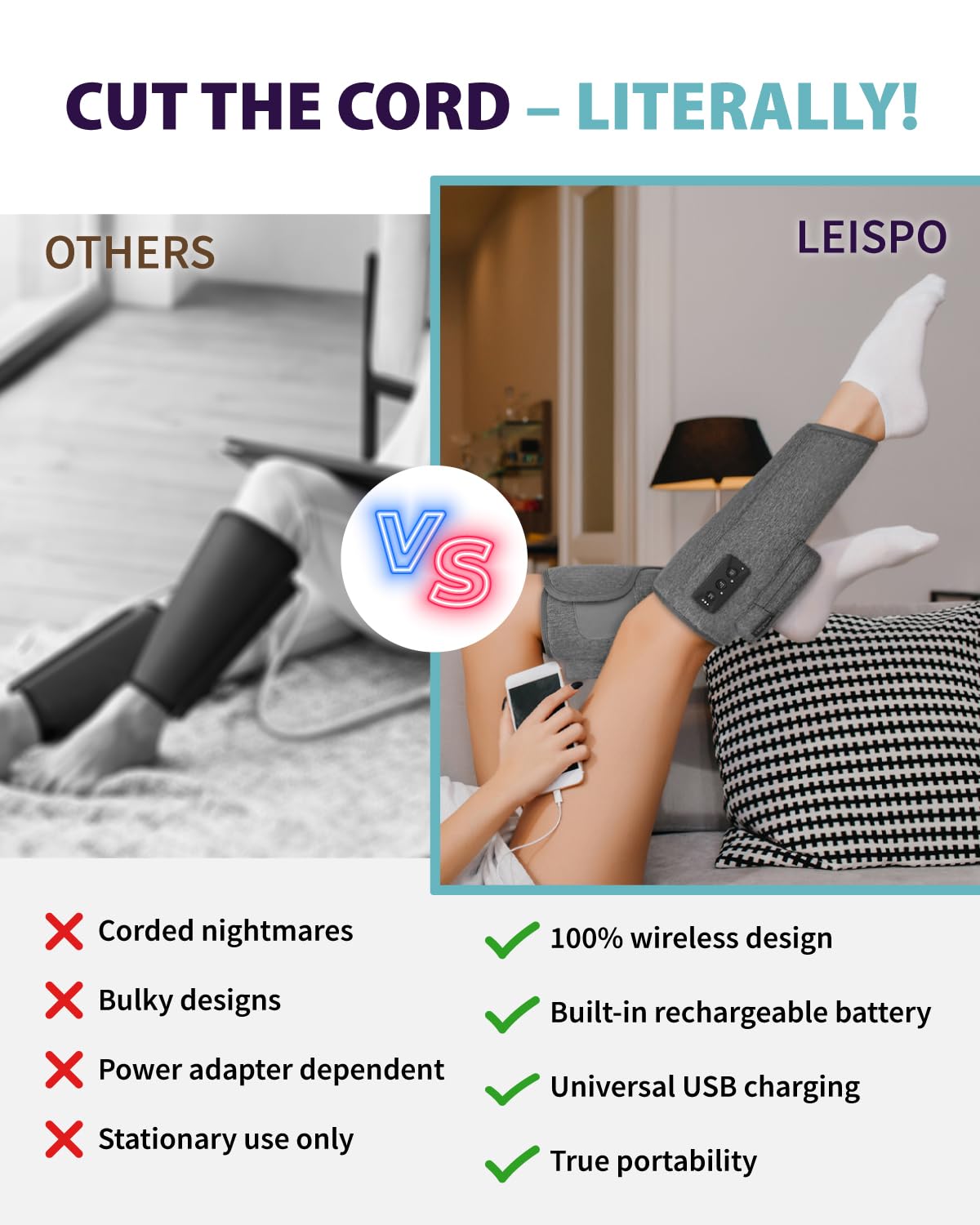 Wireless Air Compression Leg Massager with Heat, 4 Modes, Set of 2 T335171