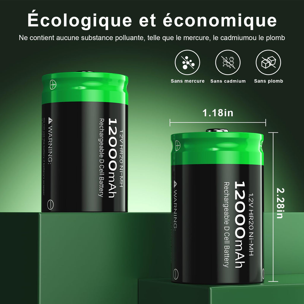 Rechargeable D Batteries, 12000mAh Ni-MH 1.2V 4-Pack O8739