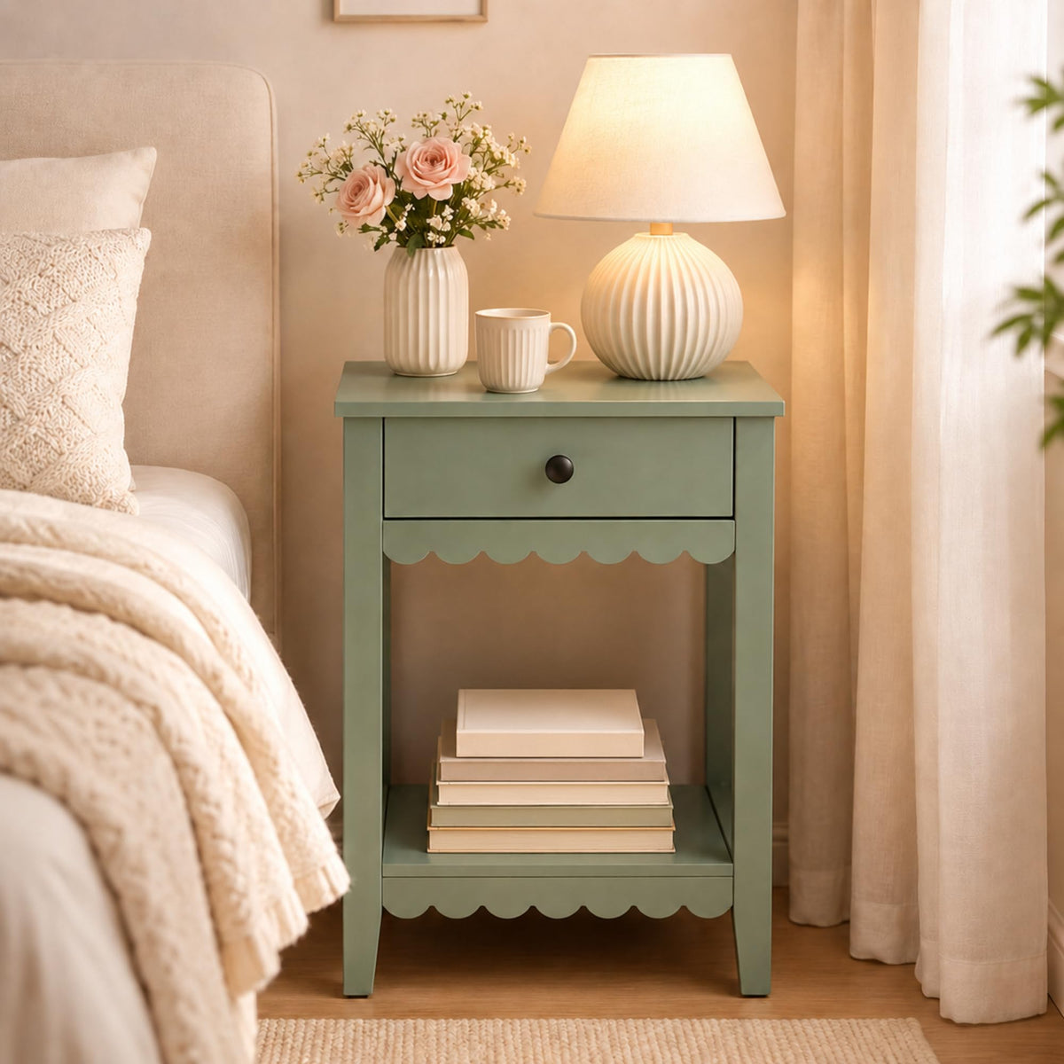 Scalloped Nightstands Side End Table with Drawer & Open Shelf F757611
