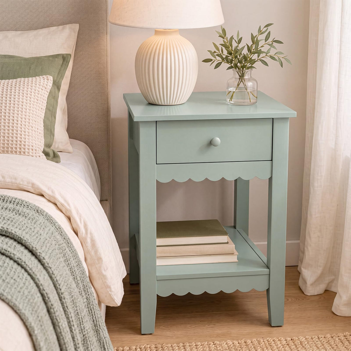 Scalloped Nightstands Side End Table with Drawer & Open Shelf F757611