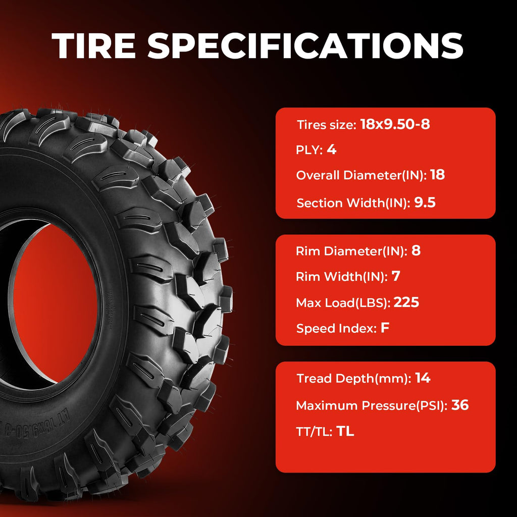 Set of 2 18x9.5-8 6 Ply Tubeless ATV Tires O23584