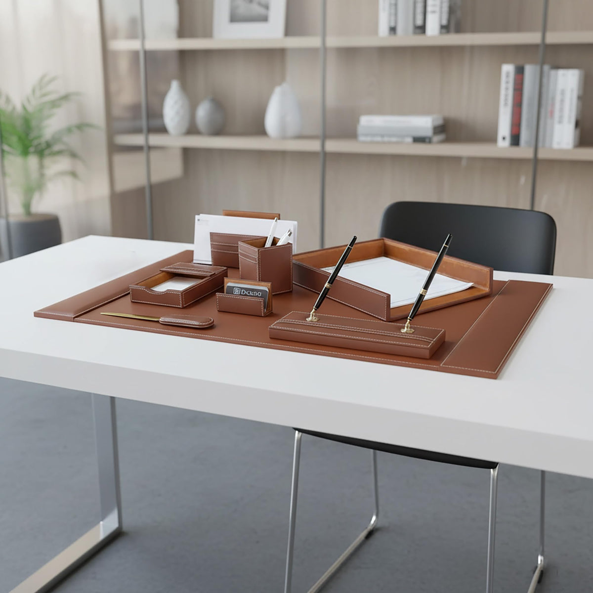Rustic Brown Leather Desk Set, 8-Piece K109