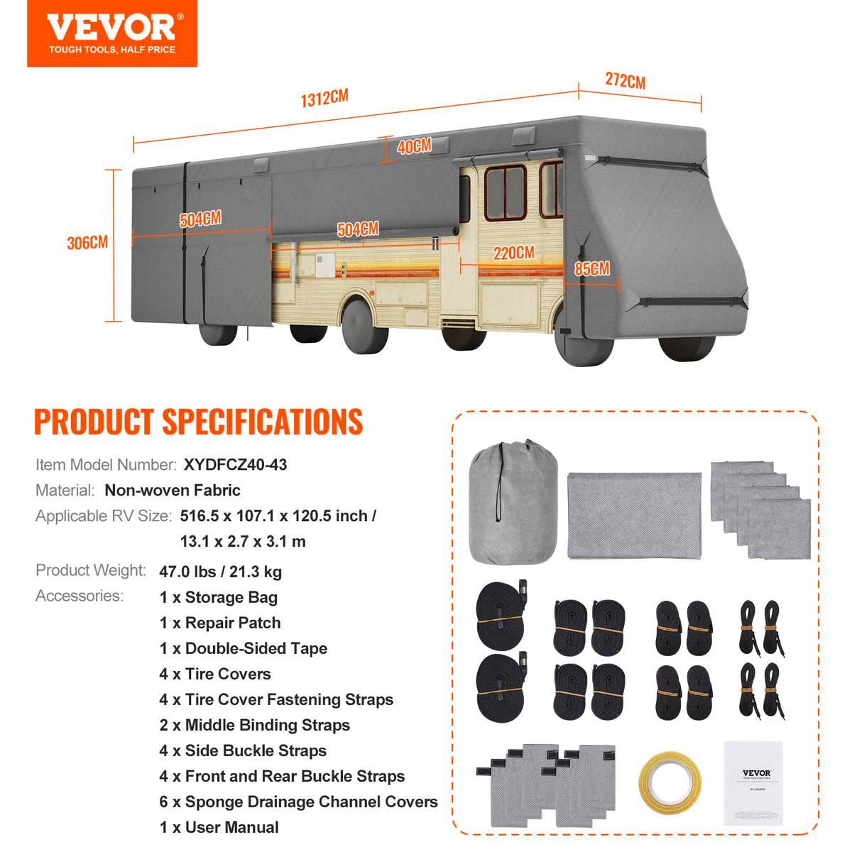 40-43 ft Non-Woven Fabric Waterproof RV Cover with Storage Bag U901