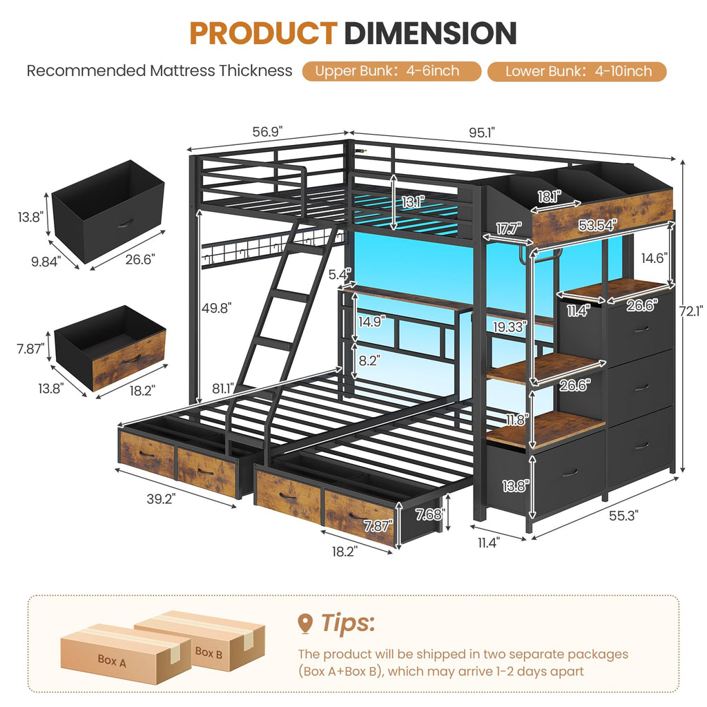 Black Triple Bunk Bed with 8 Storage Drawers and Stair G891791