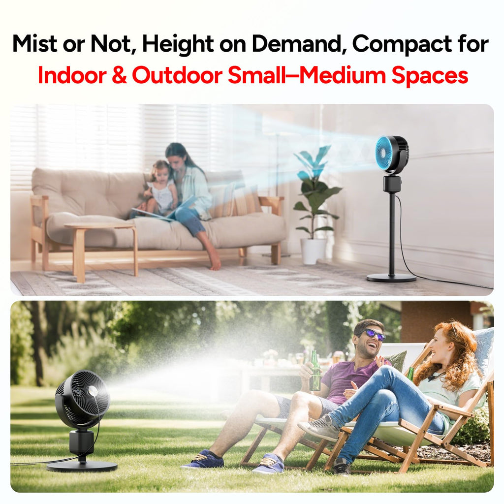 Compact Misting Pedestal Fan with Magnetic Mister, Quiet Air Circulator Standing Fan, 16-34" Adj. Height, 70°Auto-Oscillation, 3 Speeds I4824