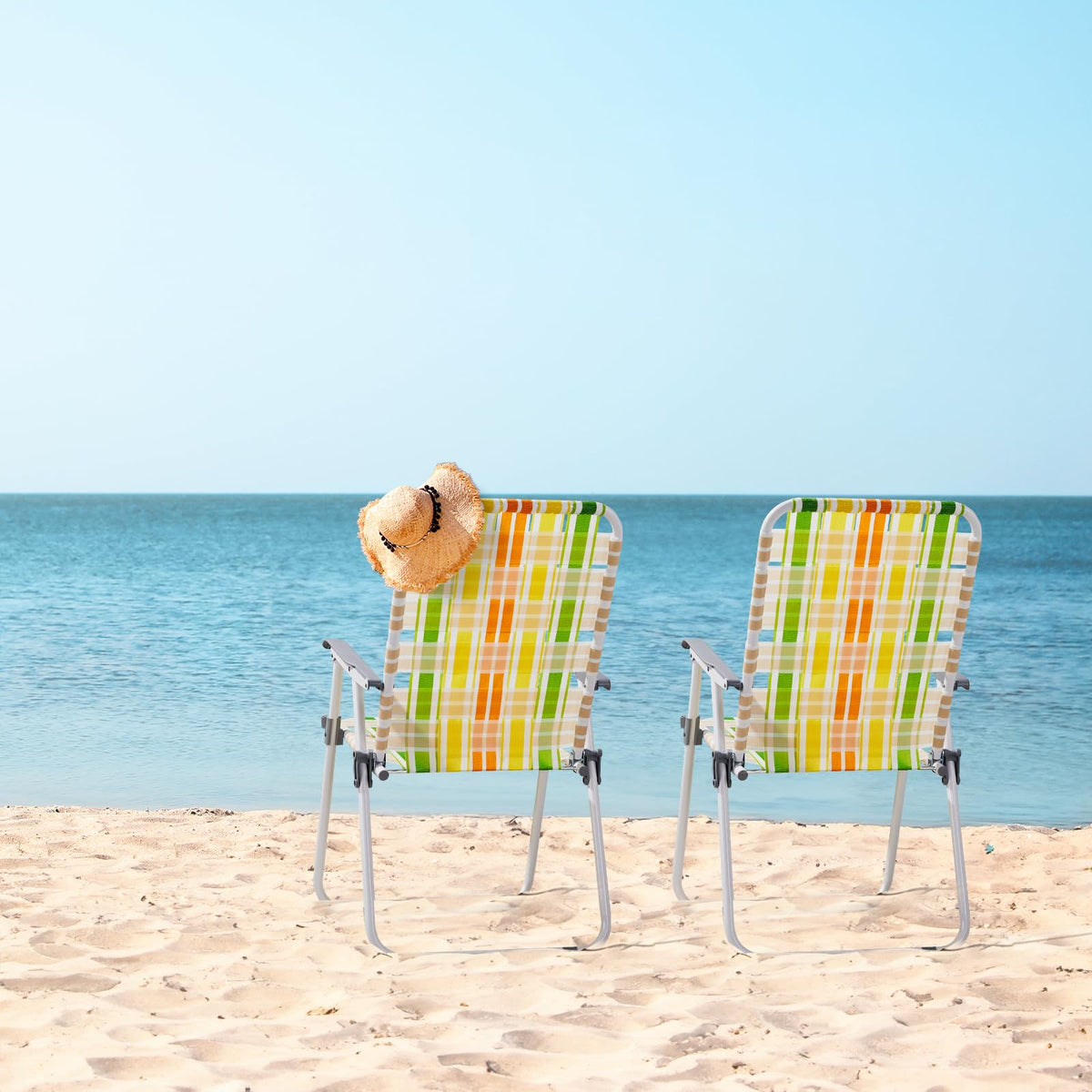 Set of 2 Webbed Folding Beach Chairs Yellow & Green C405