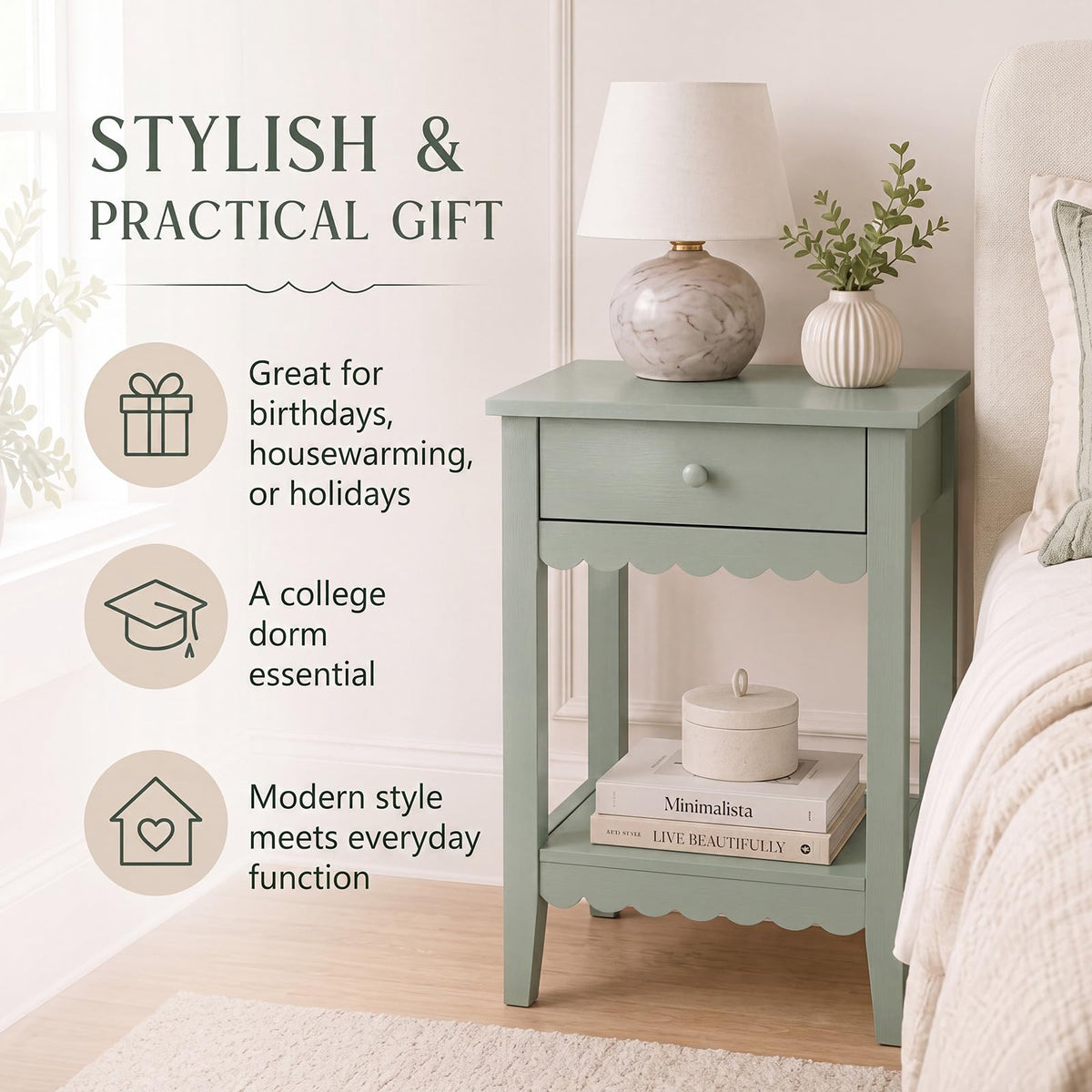 Scalloped Nightstands Side End Table with Drawer & Open Shelf F757611
