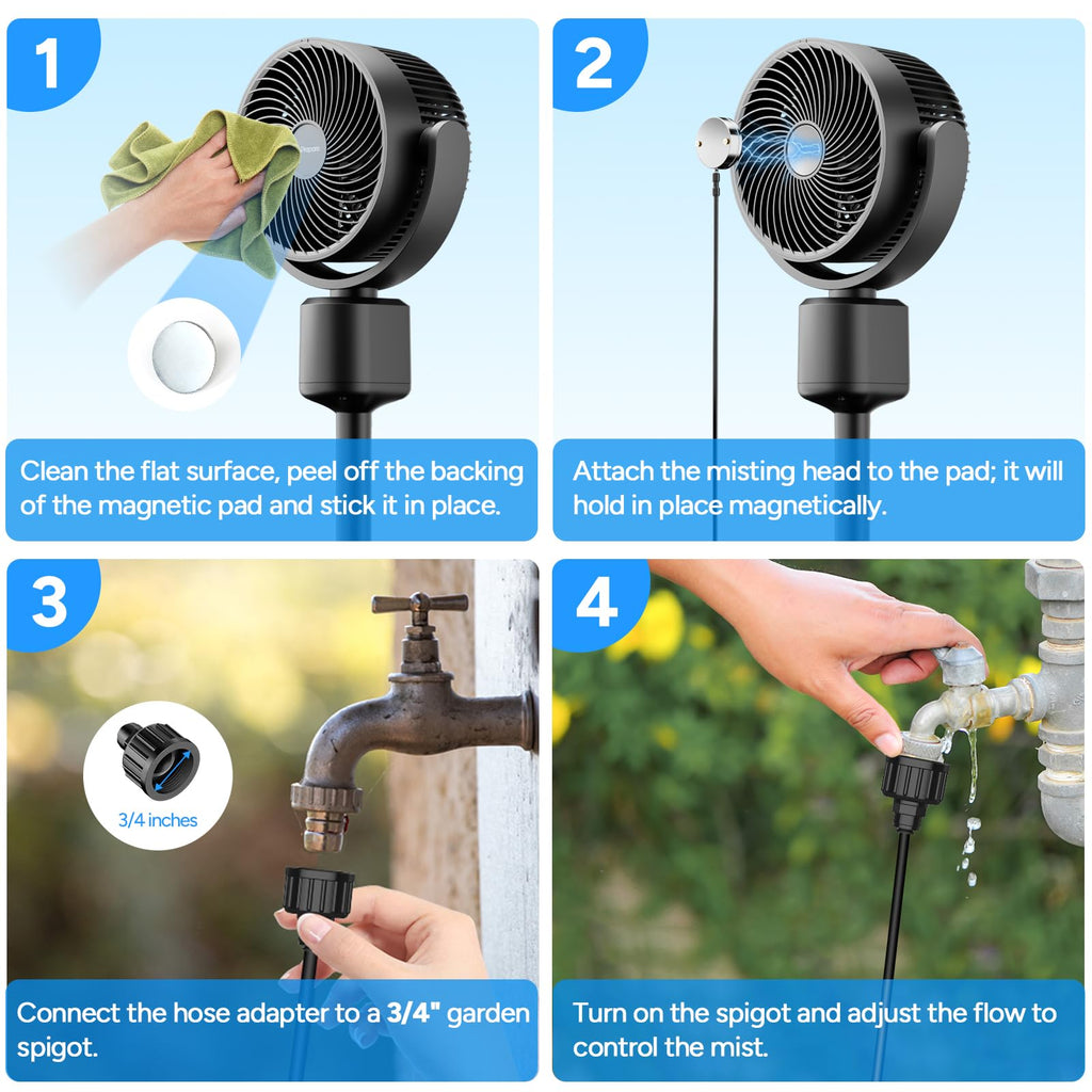 Compact Misting Pedestal Fan with Magnetic Mister, Quiet Air Circulator Standing Fan, 16-34" Adj. Height, 70°Auto-Oscillation, 3 Speeds I4824
