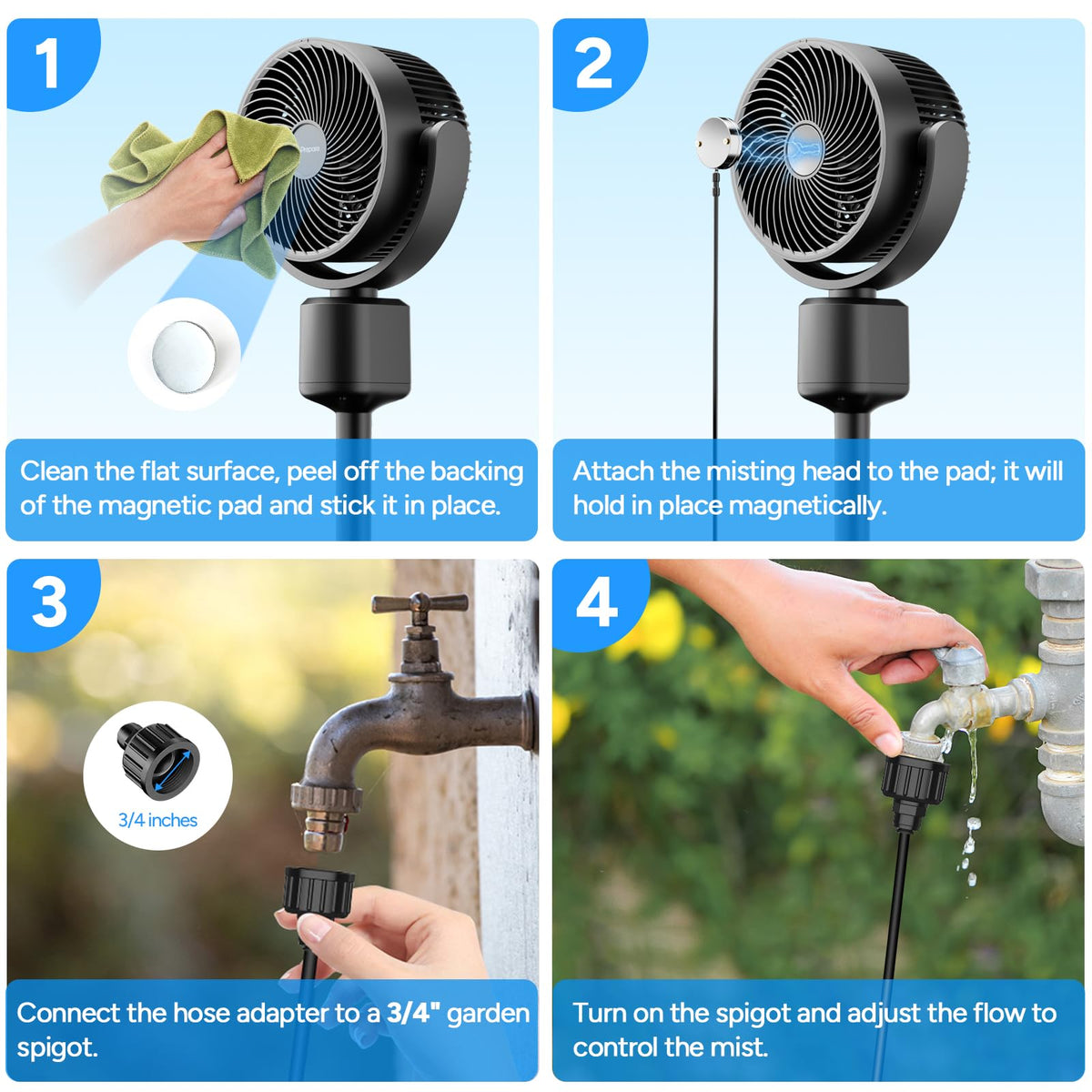 Compact Misting Pedestal Fan with Magnetic Mister, Quiet Air Circulator Standing Fan, 16-34" Adj. Height, 70°Auto-Oscillation, 3 Speeds I4824