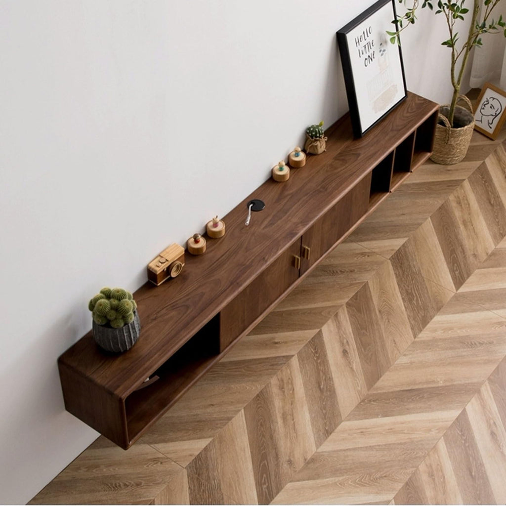 Walnut Wood Wall Mounted Floating TV Stand with Doors and Open Storage Shelves Q463302