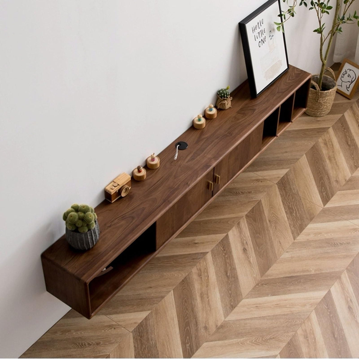 Walnut Wood Wall Mounted Floating TV Stand with Doors and Open Storage Shelves Q463302