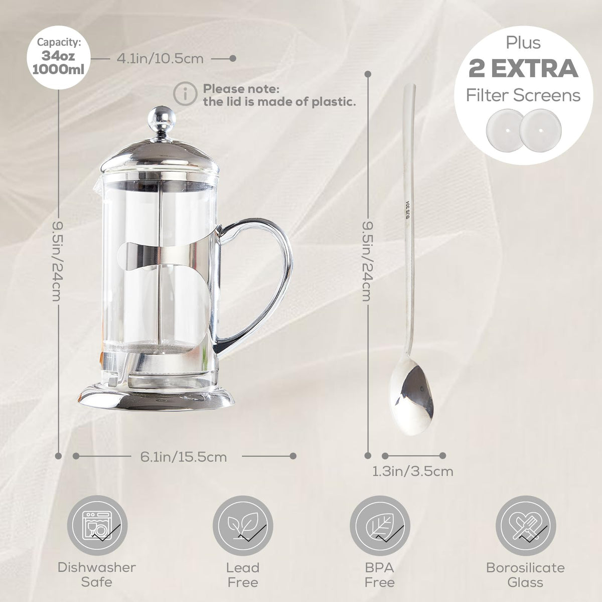 Silver 34oz French Press Coffee Maker with 4-Level Filter System Z65633