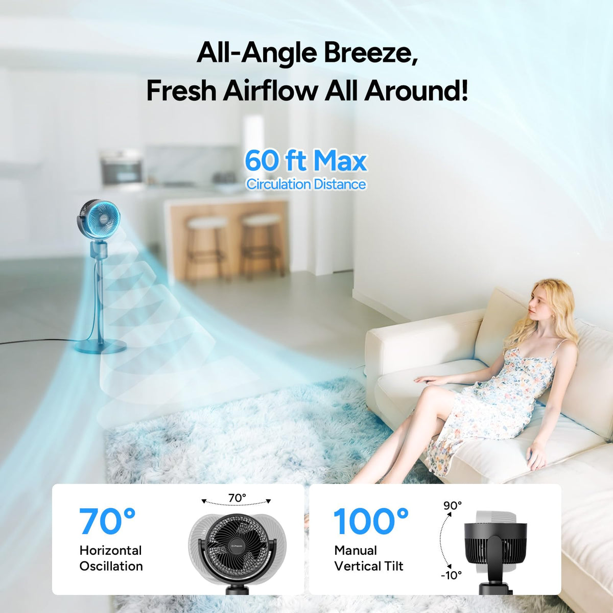 Compact Misting Pedestal Fan with Magnetic Mister, Quiet Air Circulator Standing Fan, 16-34" Adj. Height, 70°Auto-Oscillation, 3 Speeds I4824