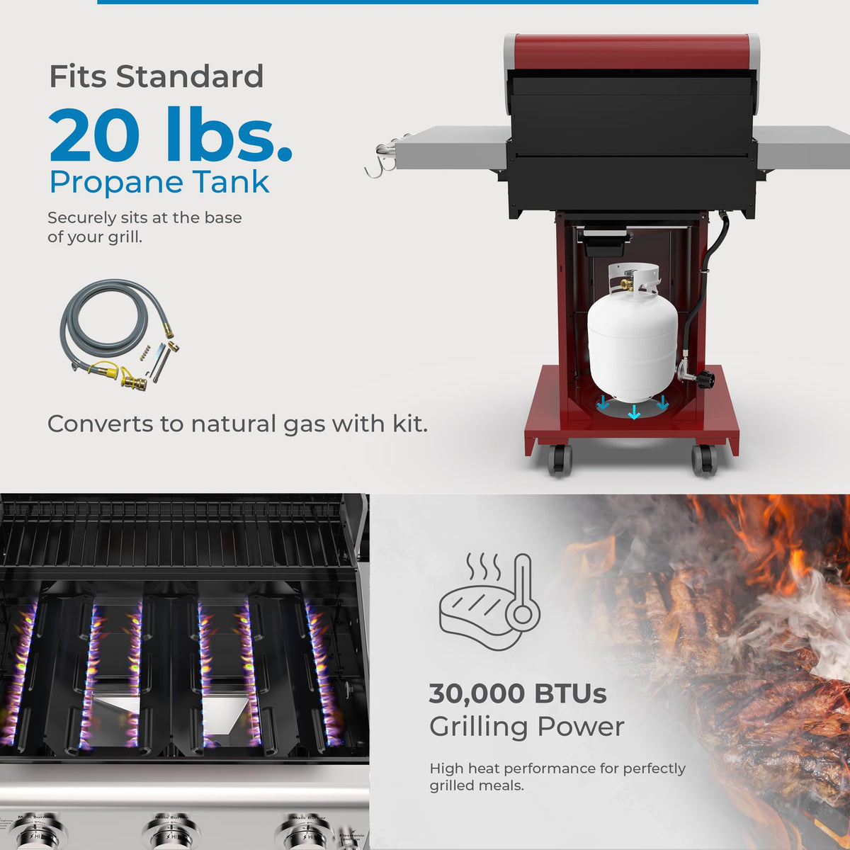 3-Burner Liquid Propane Gas Grill with Folding Sides, Wheels, 30000 BTU, Red S168