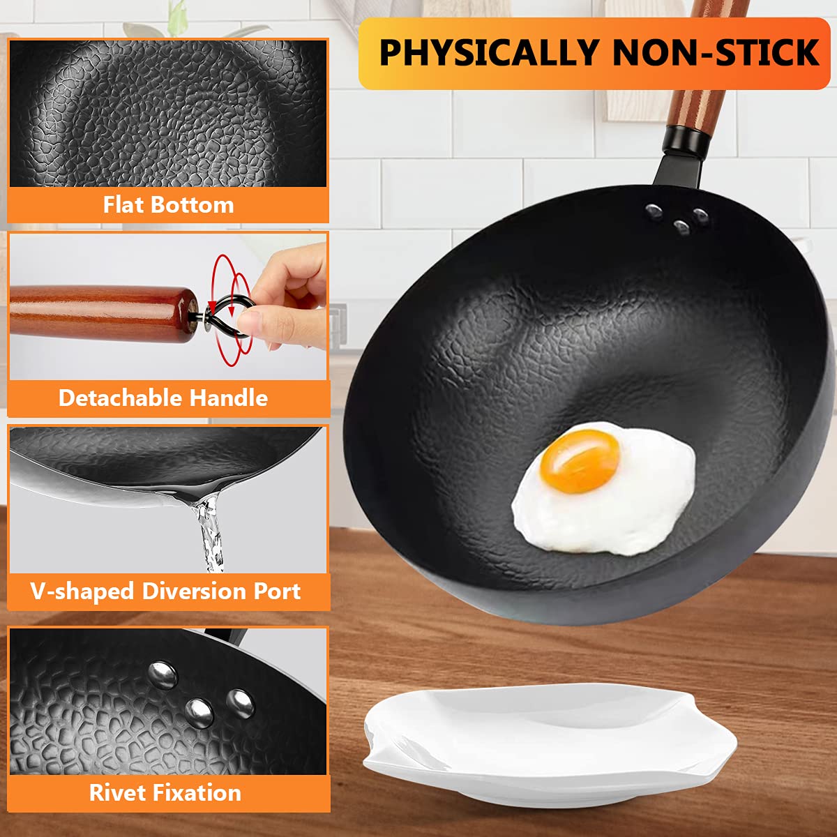14 Piece Carbon Steel Wok Pan Set with Wooden Lid C90109