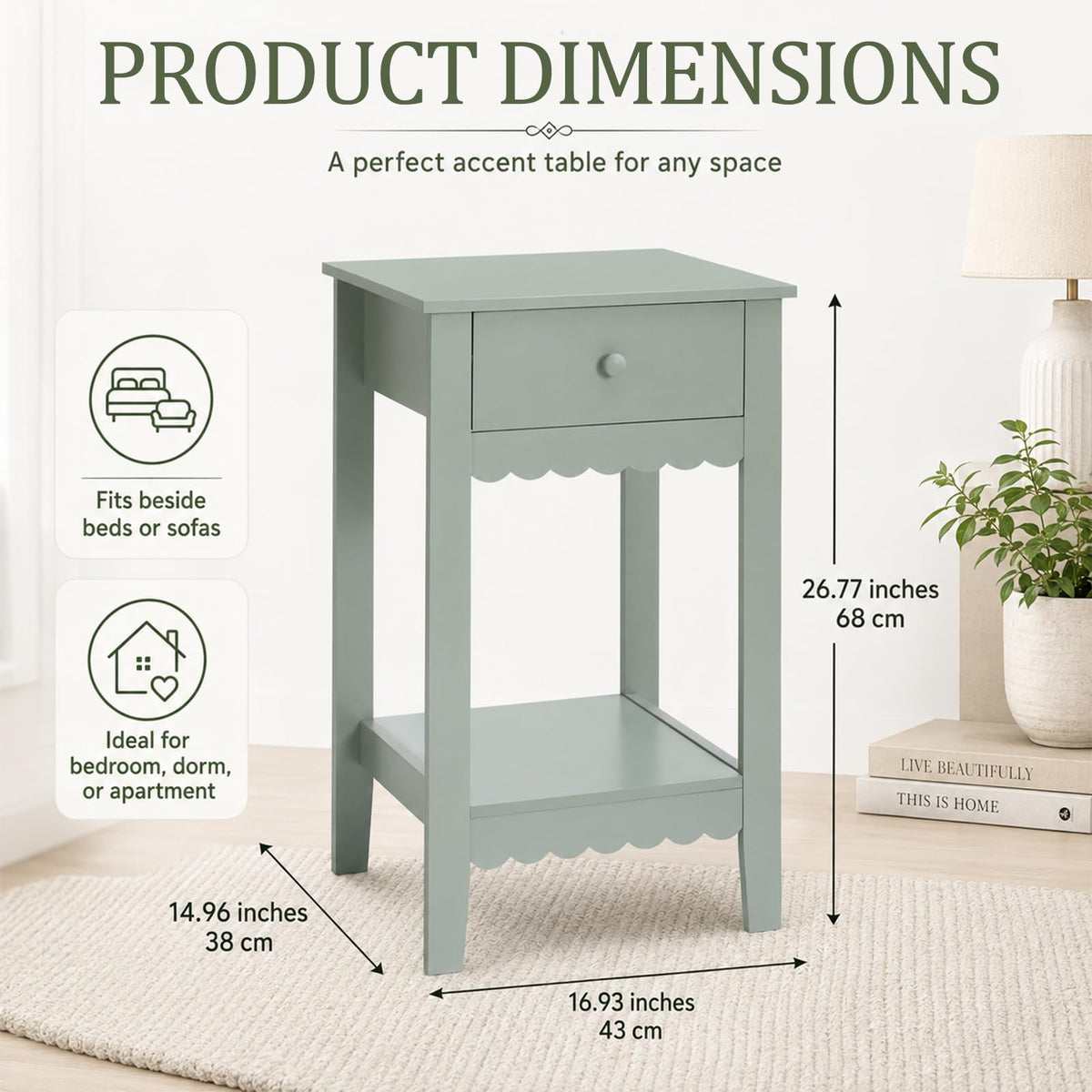 Scalloped Nightstands Side End Table with Drawer & Open Shelf F757611