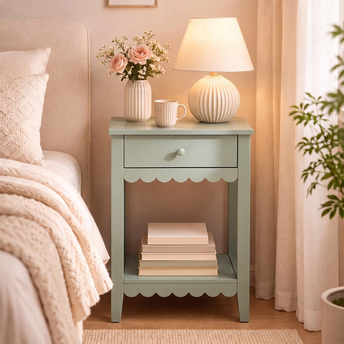 Scalloped Nightstands Side End Table with Drawer & Open Shelf F757611