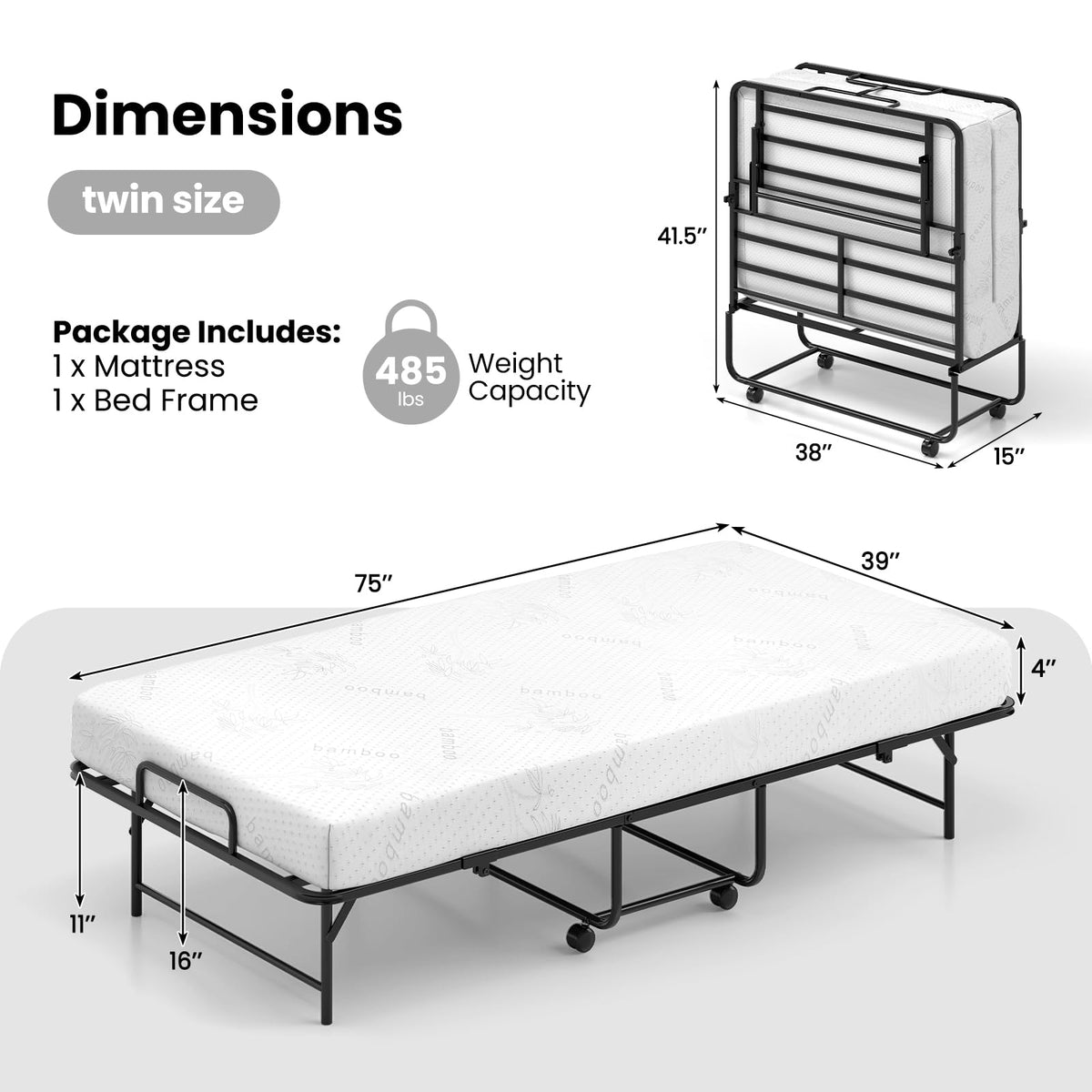 Twin Folding Bed Frame with Memory Foam Mattress P7963