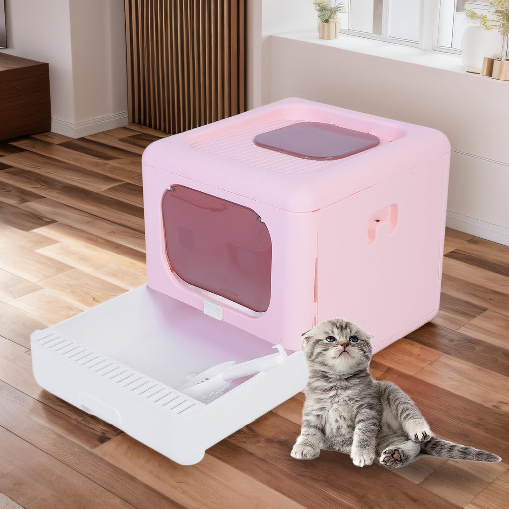 Foldable Top Entry Cat Litter Box with Lid and Scoop Large Size Pink X9778