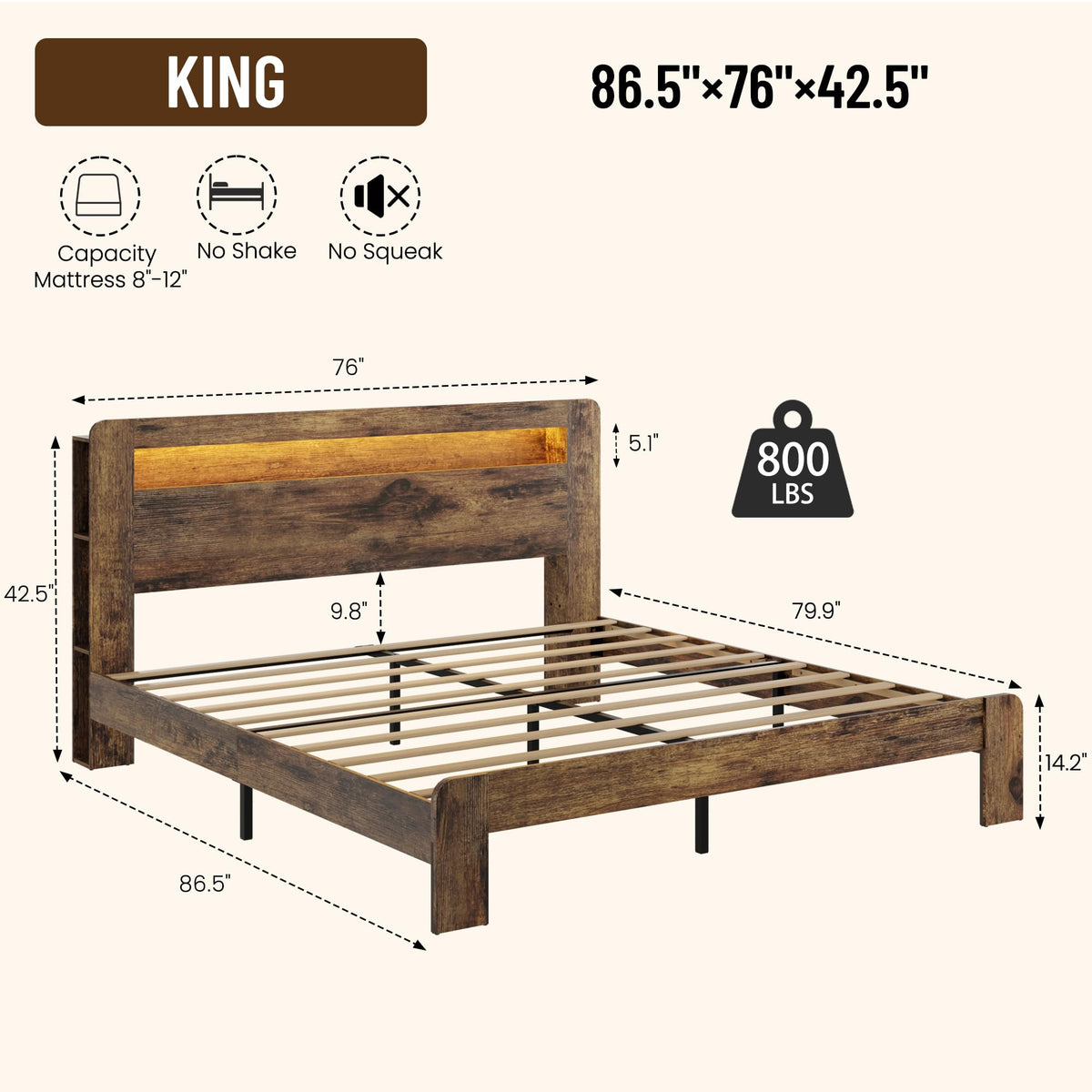 King Size Brown Wood Bed Frame with Bookcase Storage Headboard C78116