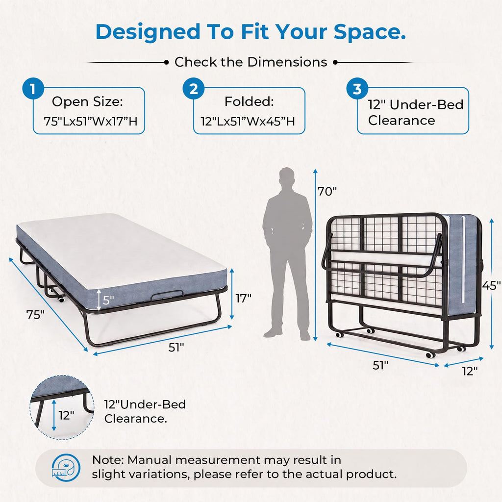 Folding Bed with 5" Foam Mattress Queen Size Metal Frame W551740
