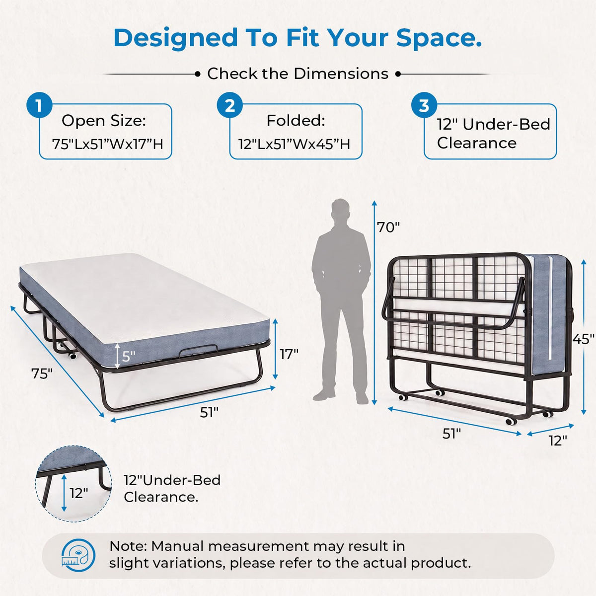 Folding Bed with 5" Foam Mattress Queen Size Metal Frame W551740